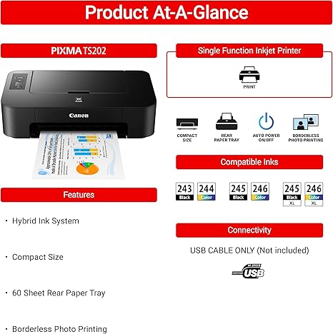 Canon TS202 Inkjet Photo Printer, Black (USB Required, not Included) - Image 2